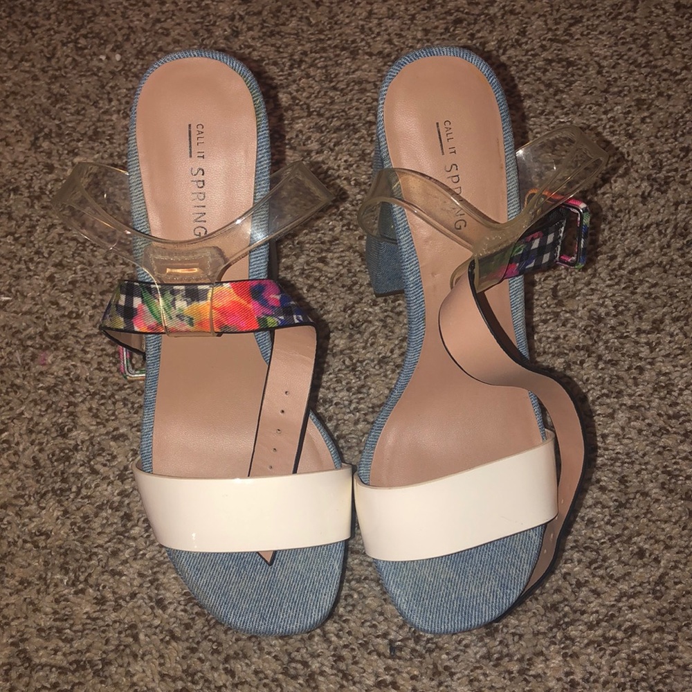 Flower print, blue, and white 6 inch block heels